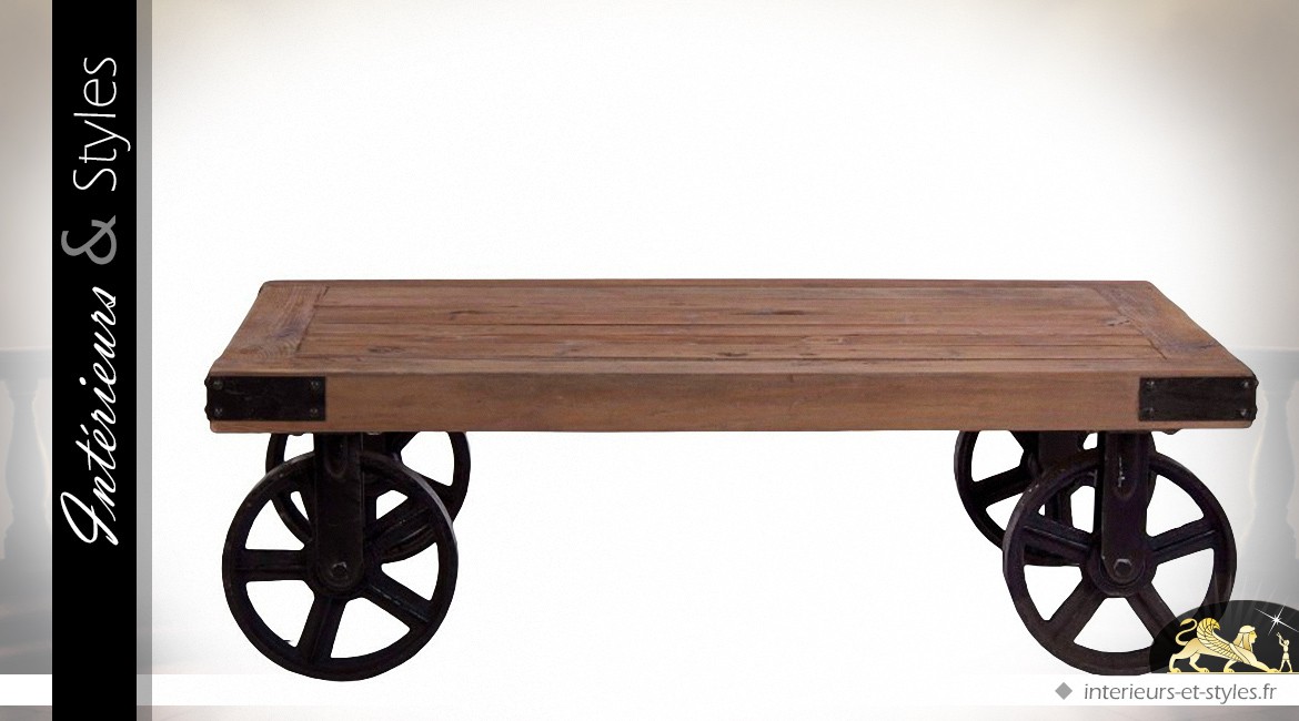 Table basse rectangulaire bois massif recyclé métal forme draisine