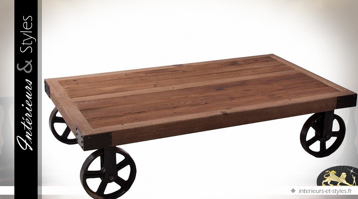 Grande table basse style draisine bois recyclé et métal plein