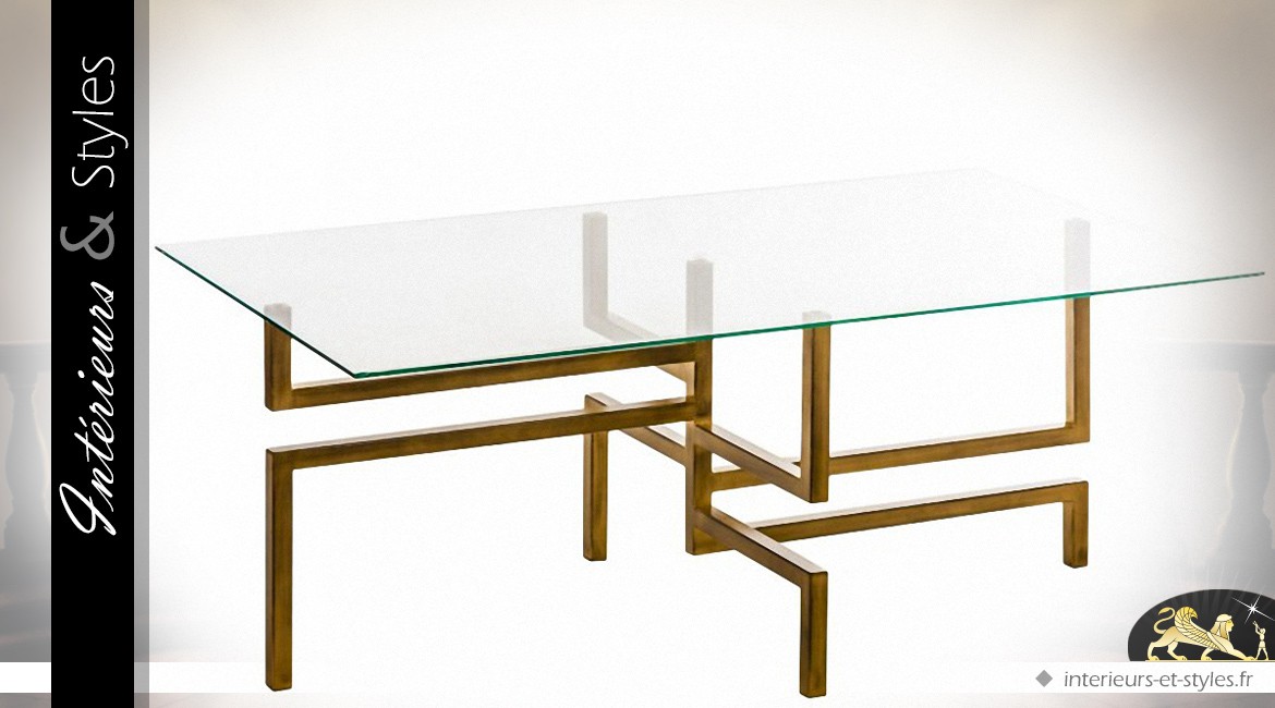 Table basse design dorée en verre et métal