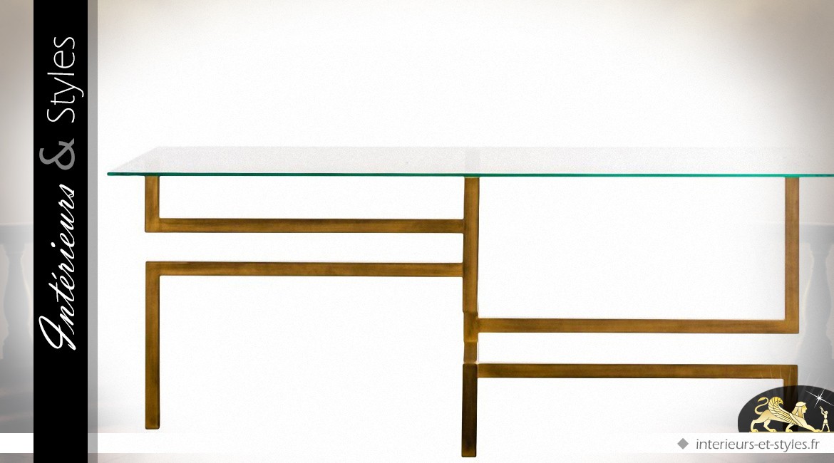 Table basse design dorée en verre et métal