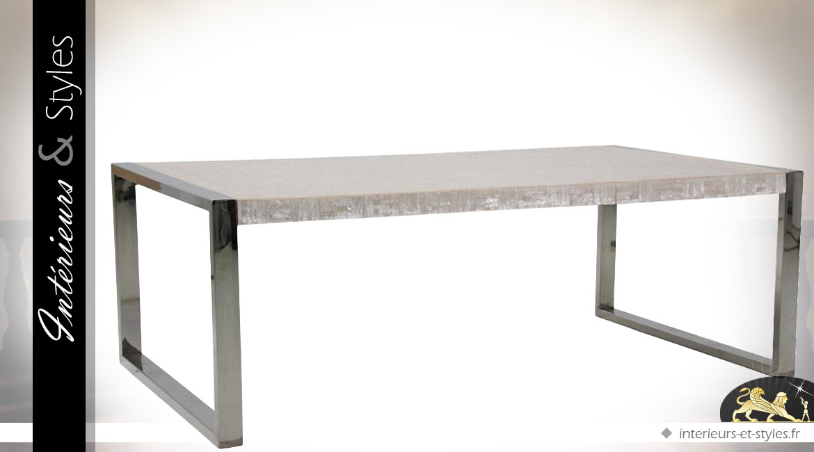Table basse design structure chrome et plateau finition nacre