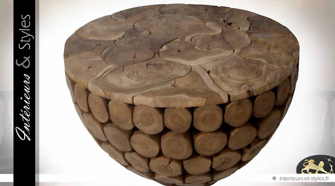 Table ronde artisanale en rondins et planches de teck Ø 80 cm