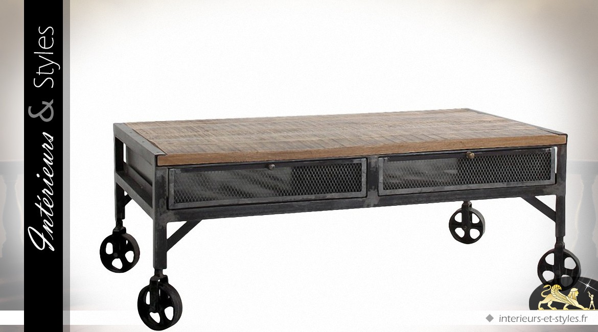 Table basse industrielle sur roulettes en bois et métal à 2 tiroirs