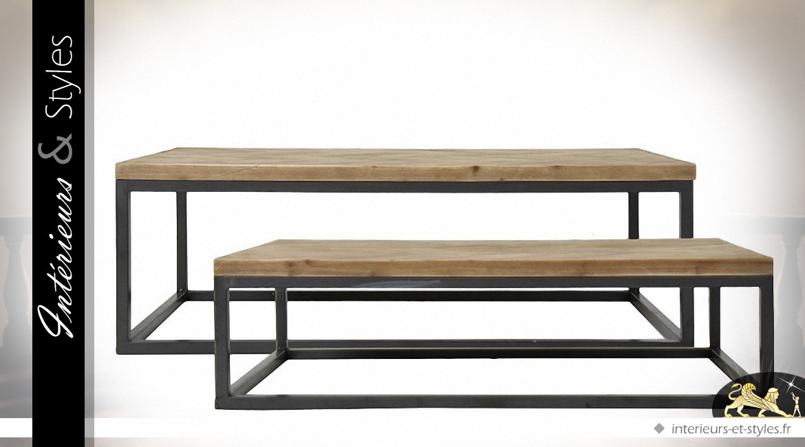 Série de 2 tables basses rectangulaires en bois et métal