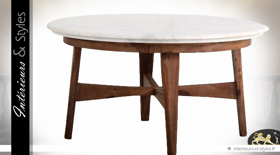 Table basse ronde vintage en sésame et marbre Ø 88 cm