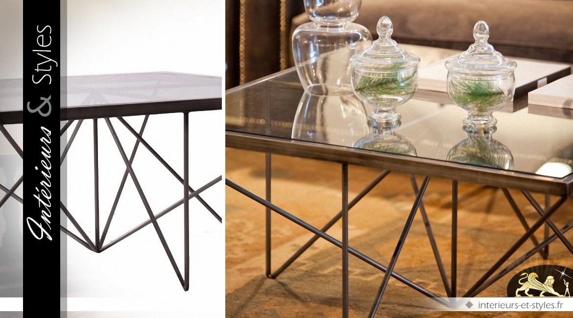 Table basse design carrée en métal, verre et bois