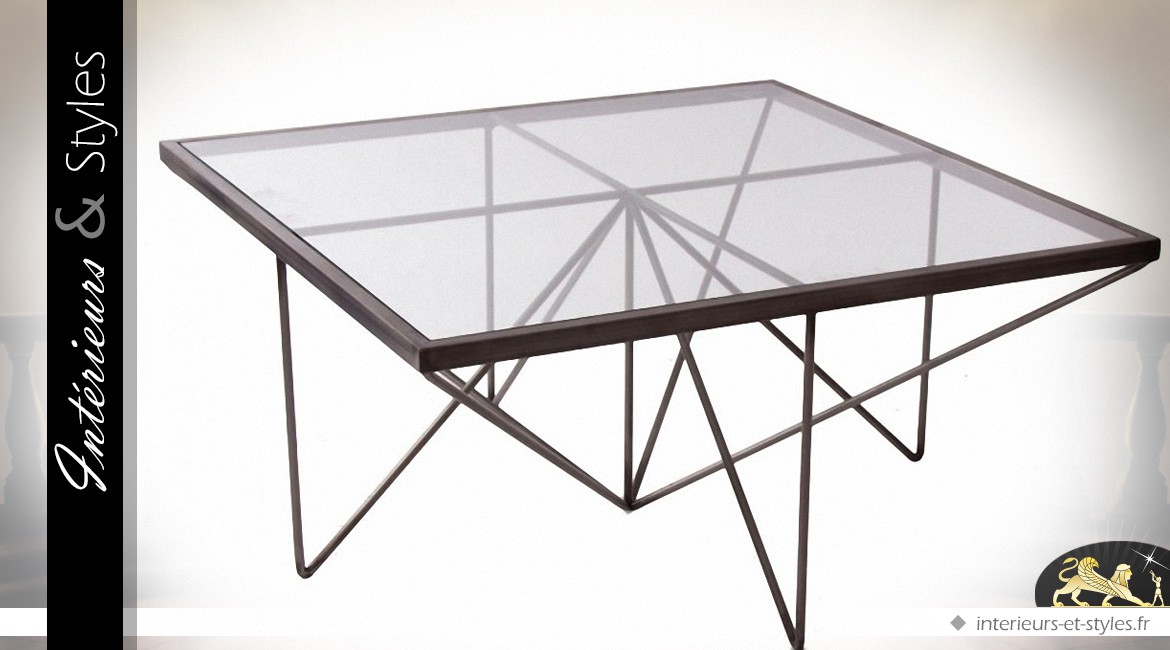 Table basse design carrée en métal, verre et bois