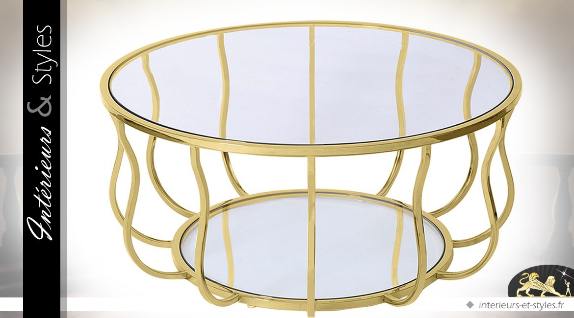 Table basse design ronde en inox et verre finition dorée