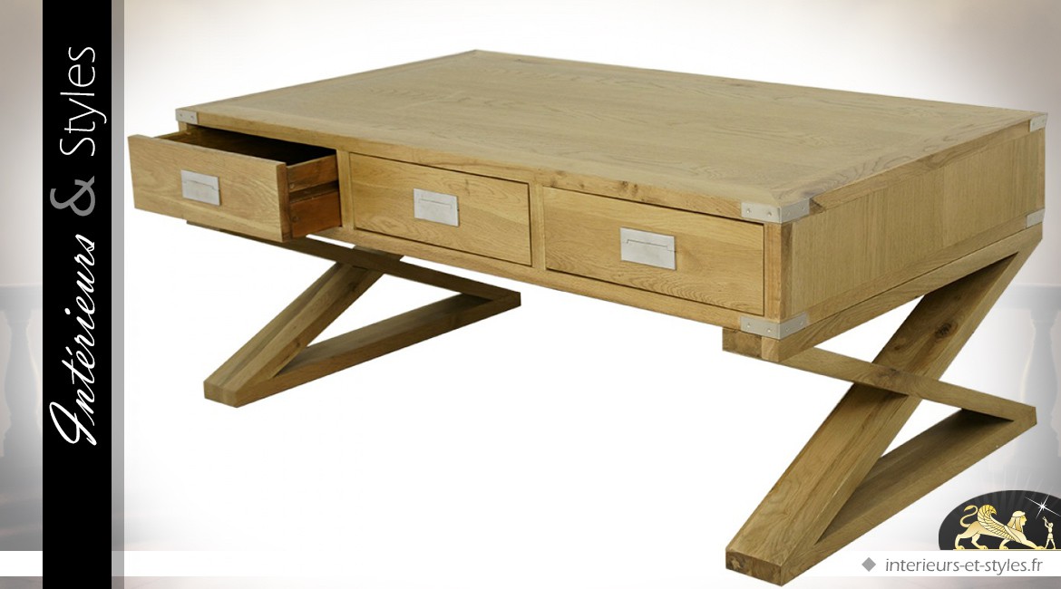 Table basse design en chêne avec 3 tiroirs