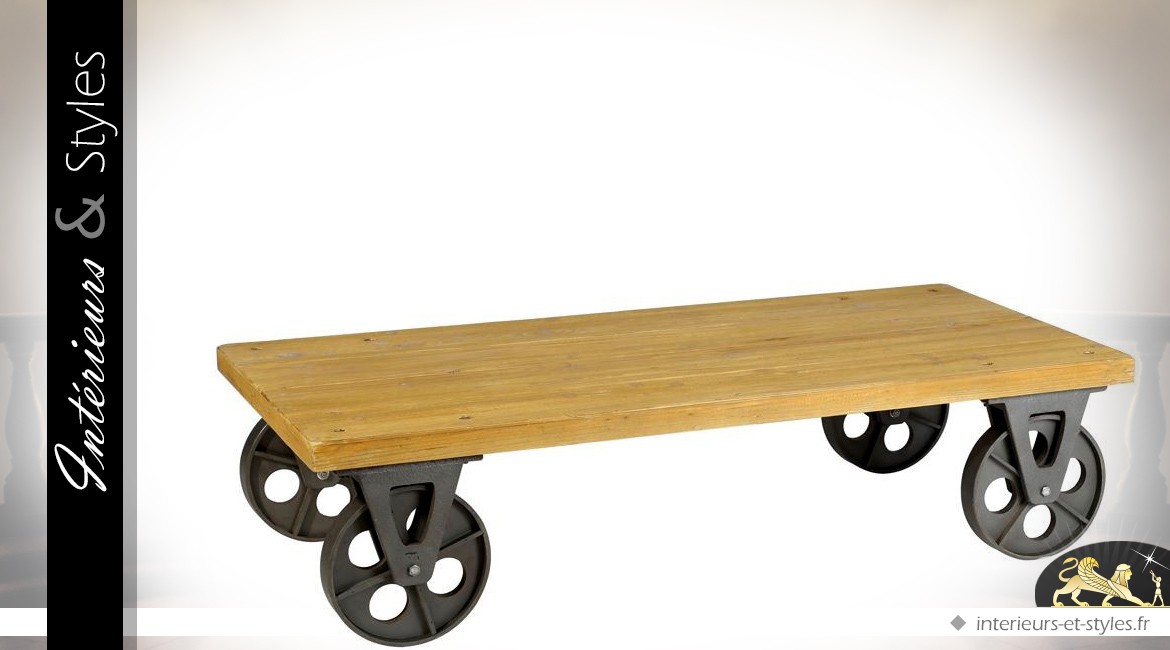 Table basse industrielle bois et métal à roulettes 150 x 70