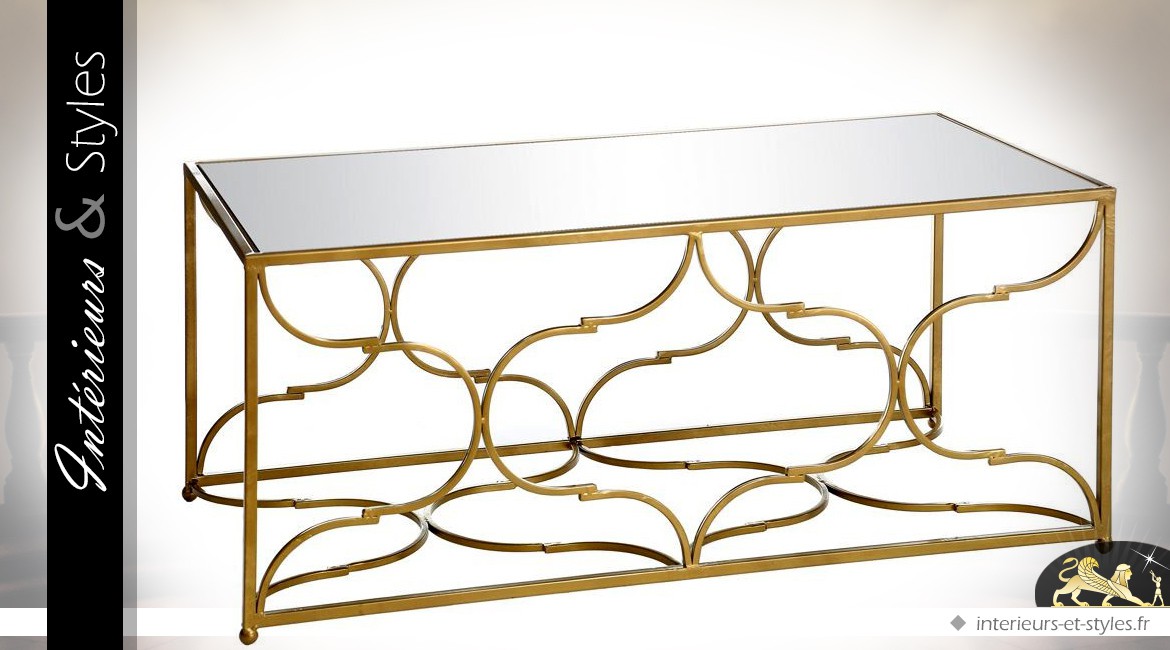 Table basse style oriental chic en métal doré plateau verre