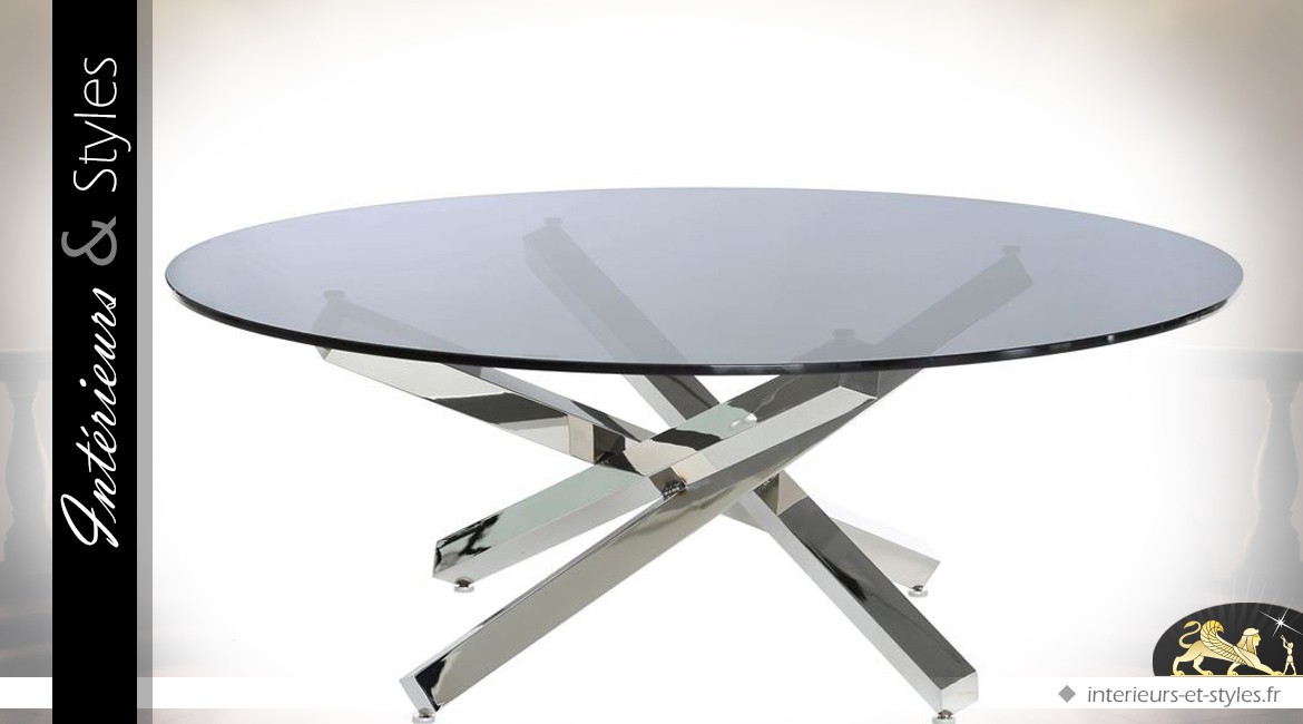 Table basse design ronde en inox chromé et verre trempé Ø 100 cm