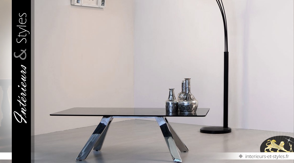 Table basse rectangulaire design en métal chromé et verre