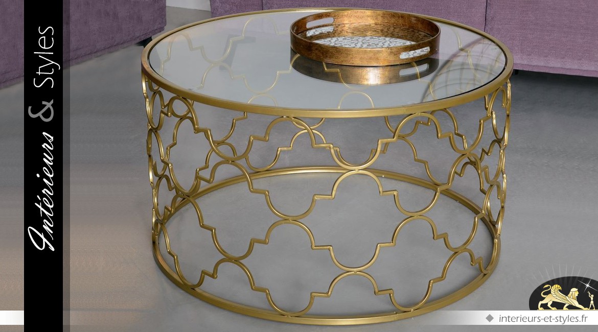 Table basse ronde dorée en verre et métal style oriental
