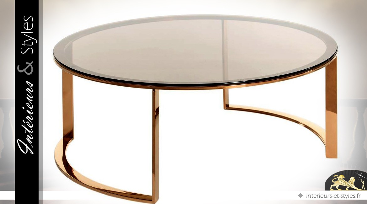 Table basse design en métal finition cuivre et plateau verre fumé