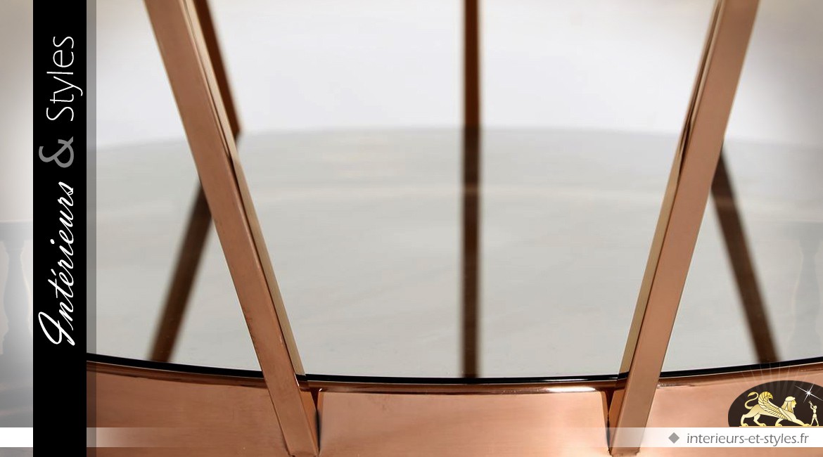 Table basse circulaire en métal cuivré brillant avec plateau en verre