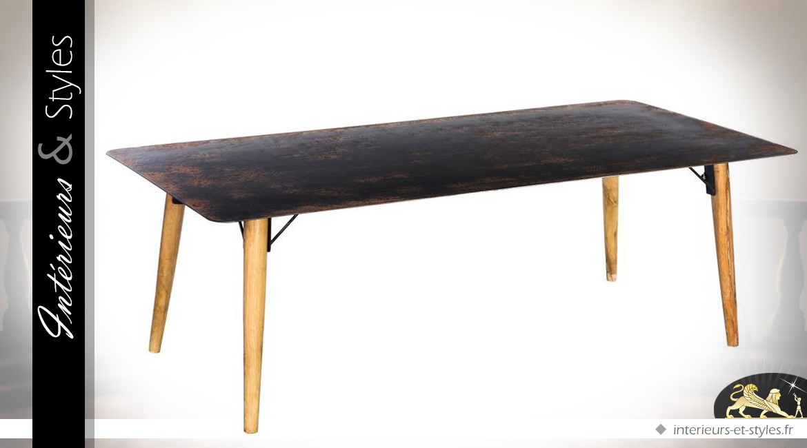 Table basse scandinave en métal vieilli et bois de sapin