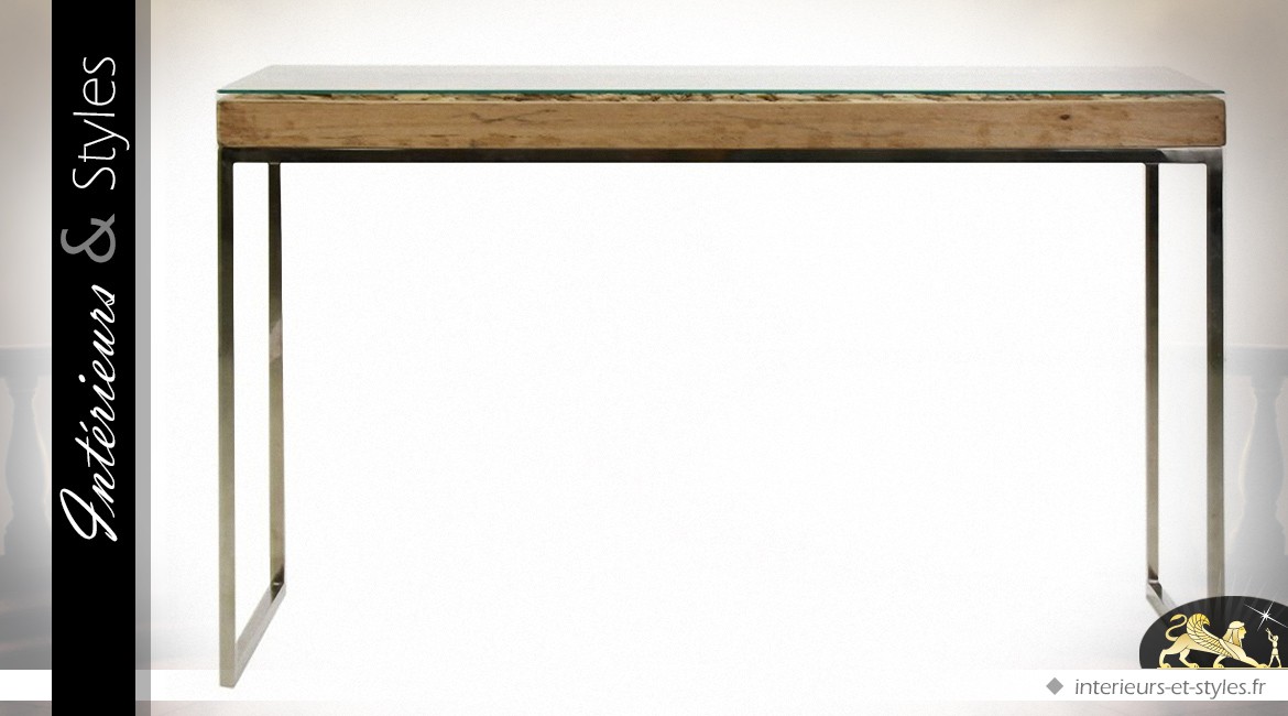 Console bois métal et verre avec vitrine décoration naturelle