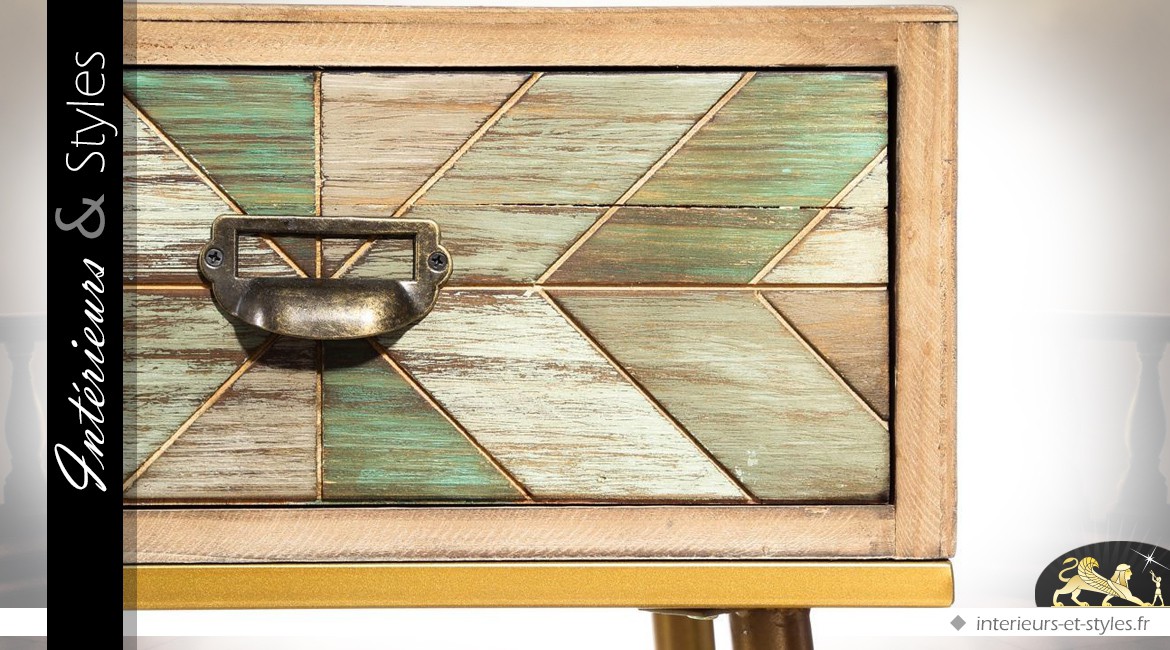 Console vintage bois et métal 3 tiroirs motifs géométriques