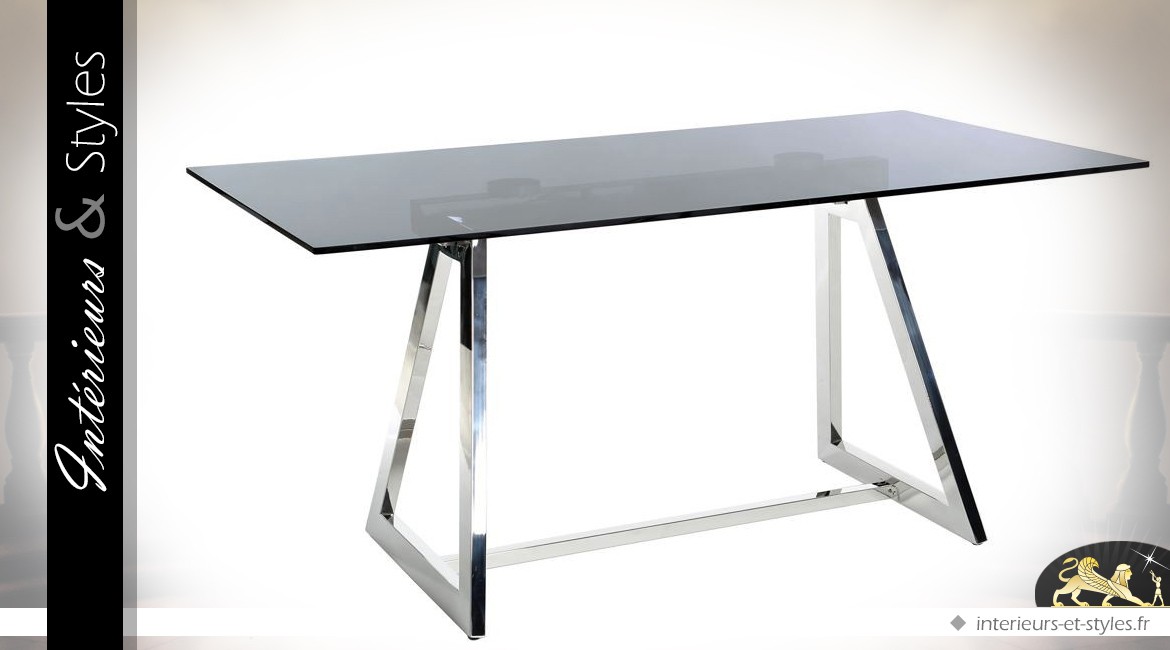 Table design de salle à manger en verre et métal argenté