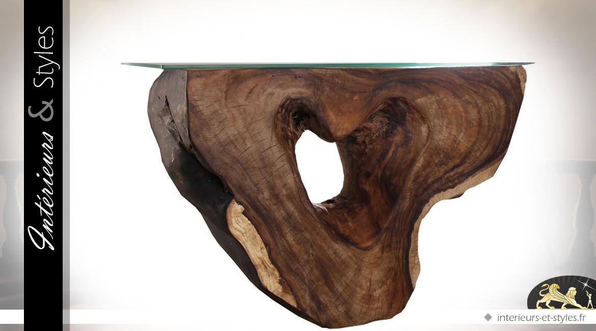 Console de style exotique en bois massif de suar et verre trempé
