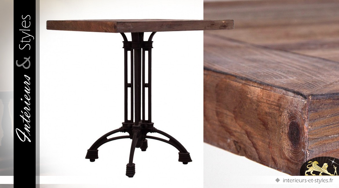 Table de bistrot carrée style indus bois massif recyclé et métal