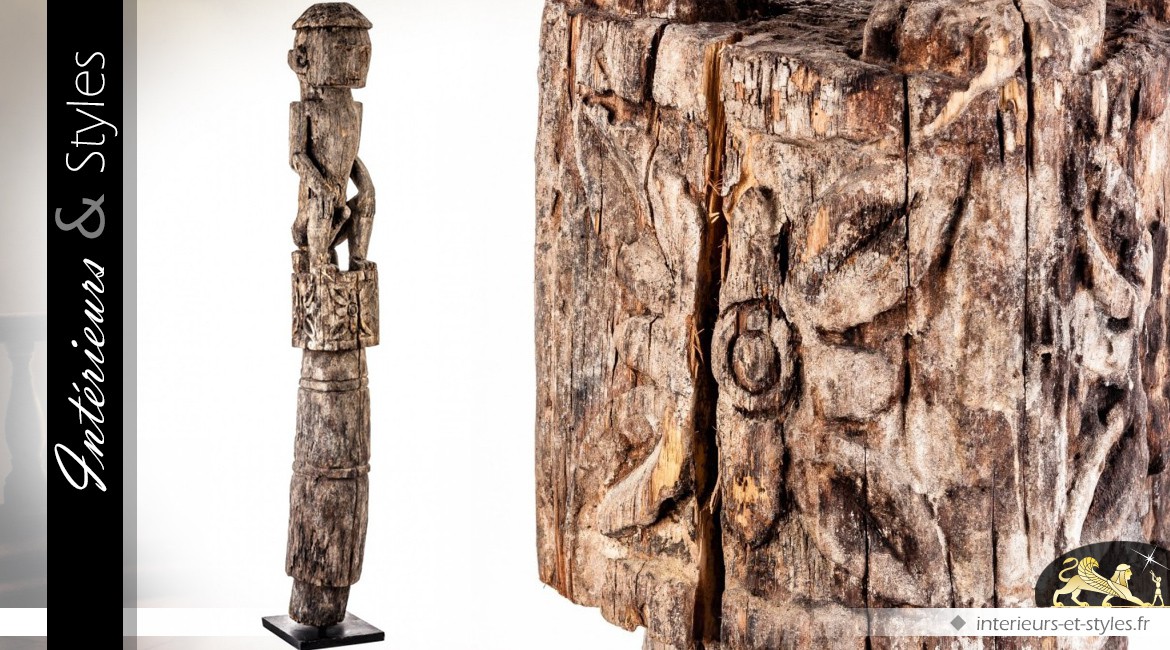 Grande sculpture primitive tribale en bois recyclé 200 cm