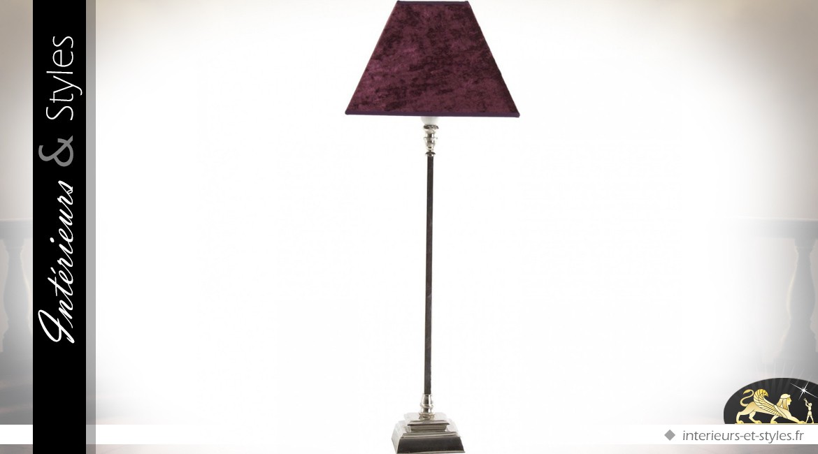 Lampe de salon pied argenté et abat-jour velours Bordeaux 72 cm