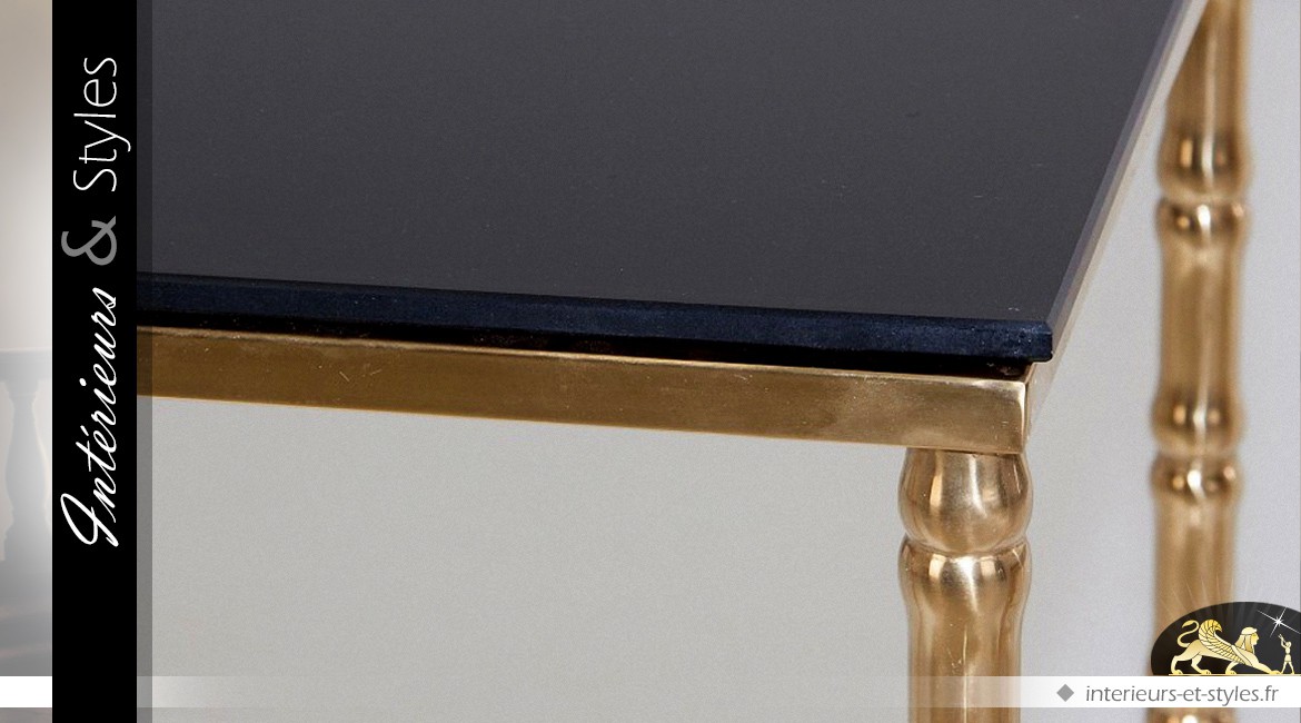 Série de 3 tables selettes design métal doré et verre noir
