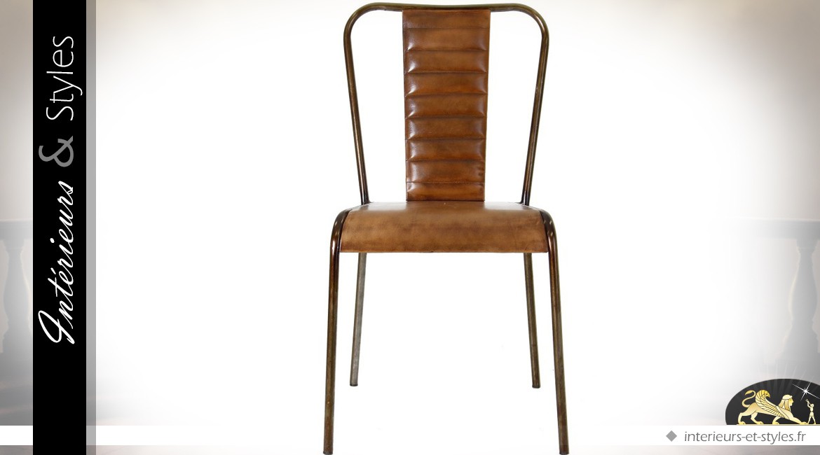 Chaise rétro en métal et cuir coloris noir et marron