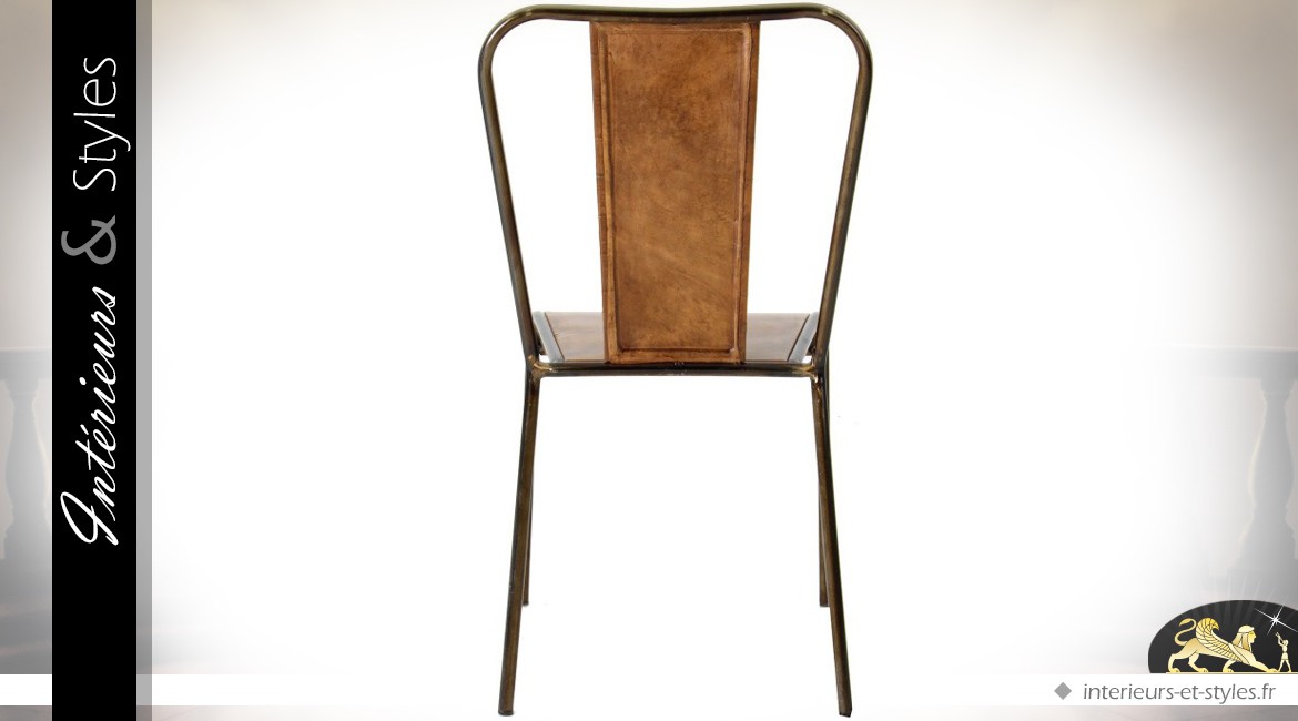 Chaise rétro en métal et cuir coloris noir et marron