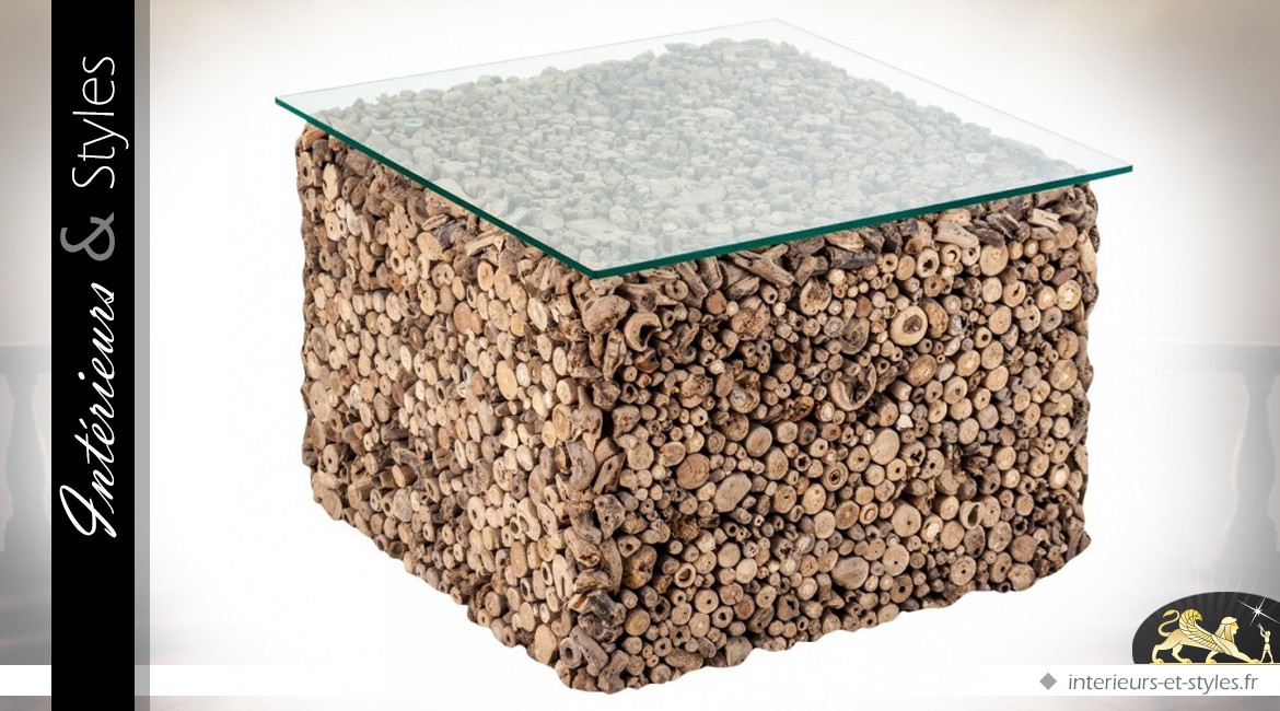 Table basse carrée en bois flotté et plateau verre trempé