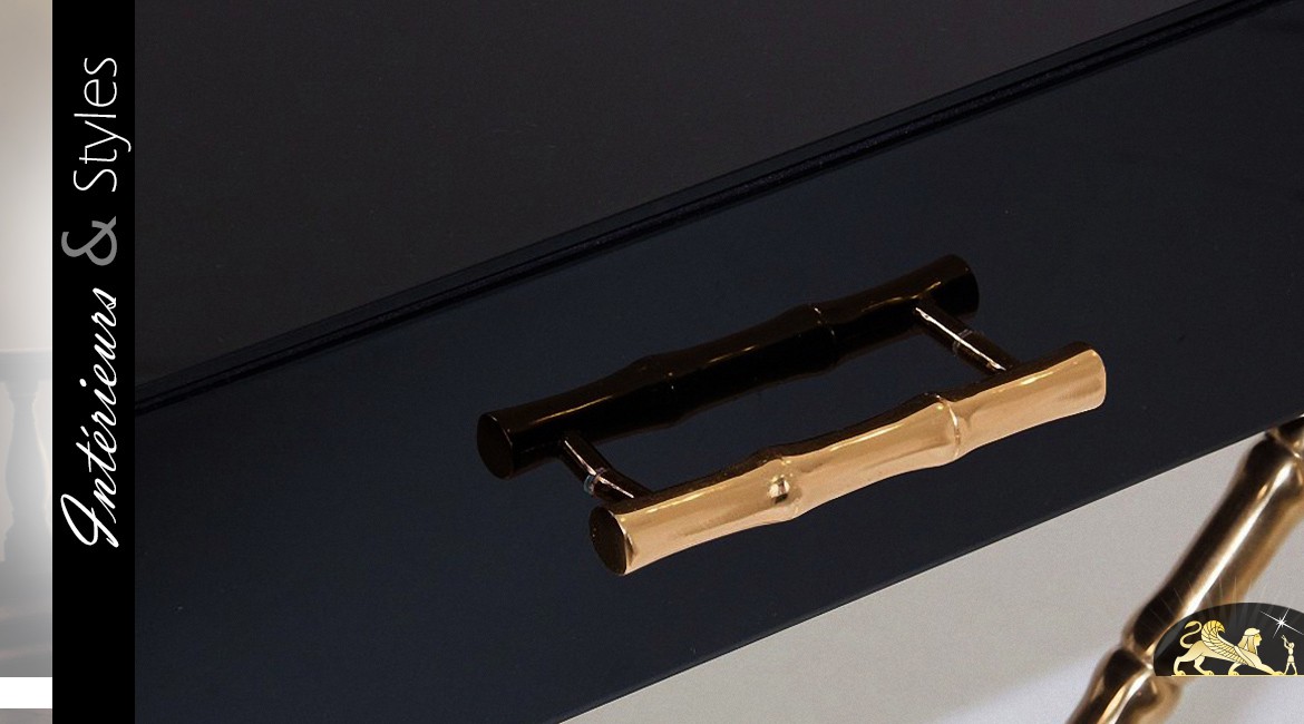 Table de chevet design noir et or en verre et métal