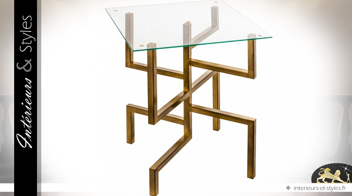 Table / Sellette design en métal doré et verre