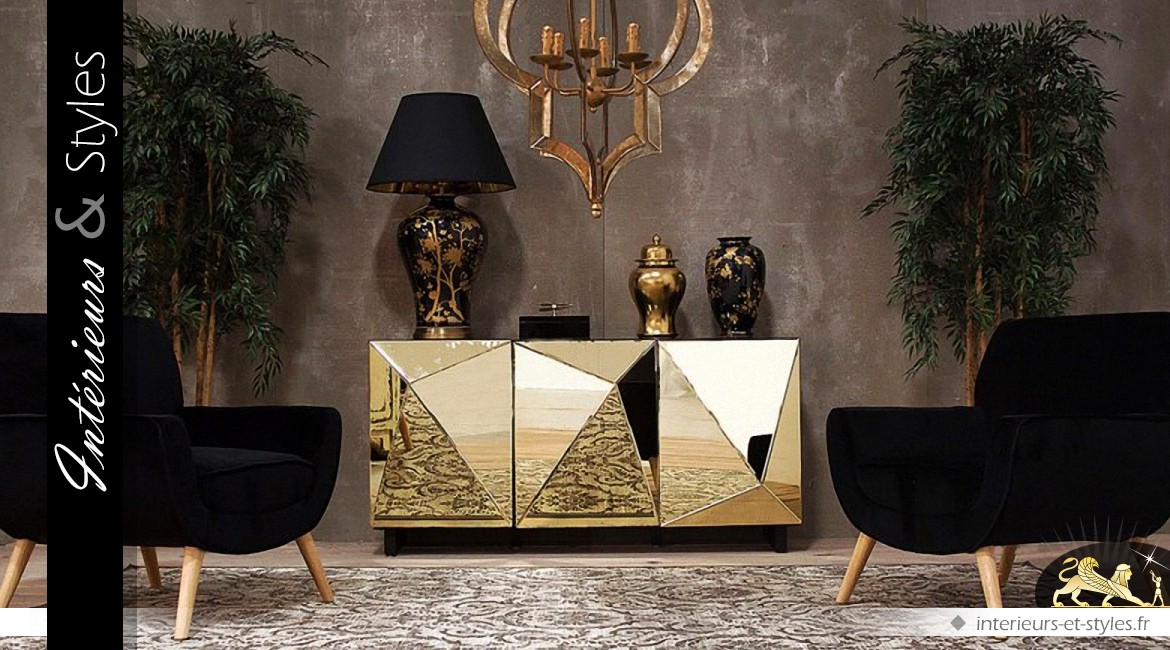 Buffet design Art Déco 3 portes habillage miroirs dorés