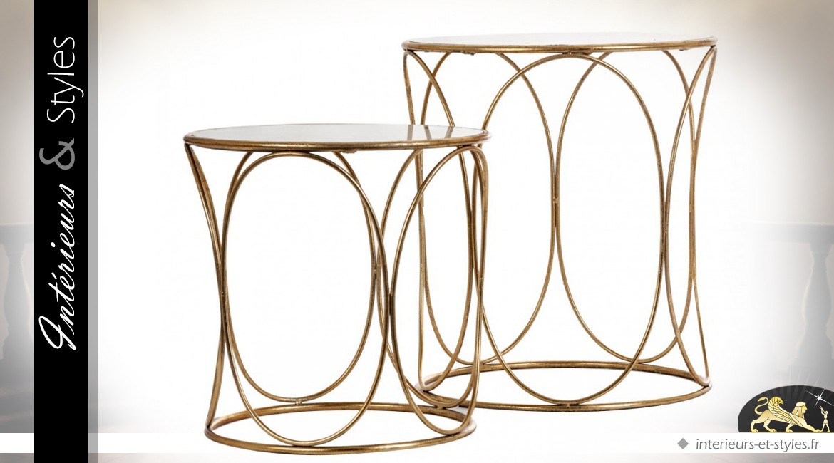 Série de deux tables basses design rondes en métal dorée et miroirs