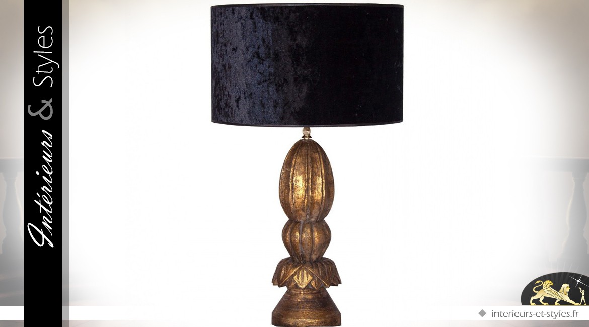Lampe de table teck patine dorée abat-jour velours noir 65 cm