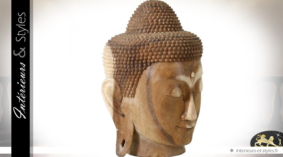 Tête de bouddha sculptée en acacia massif 72 cm