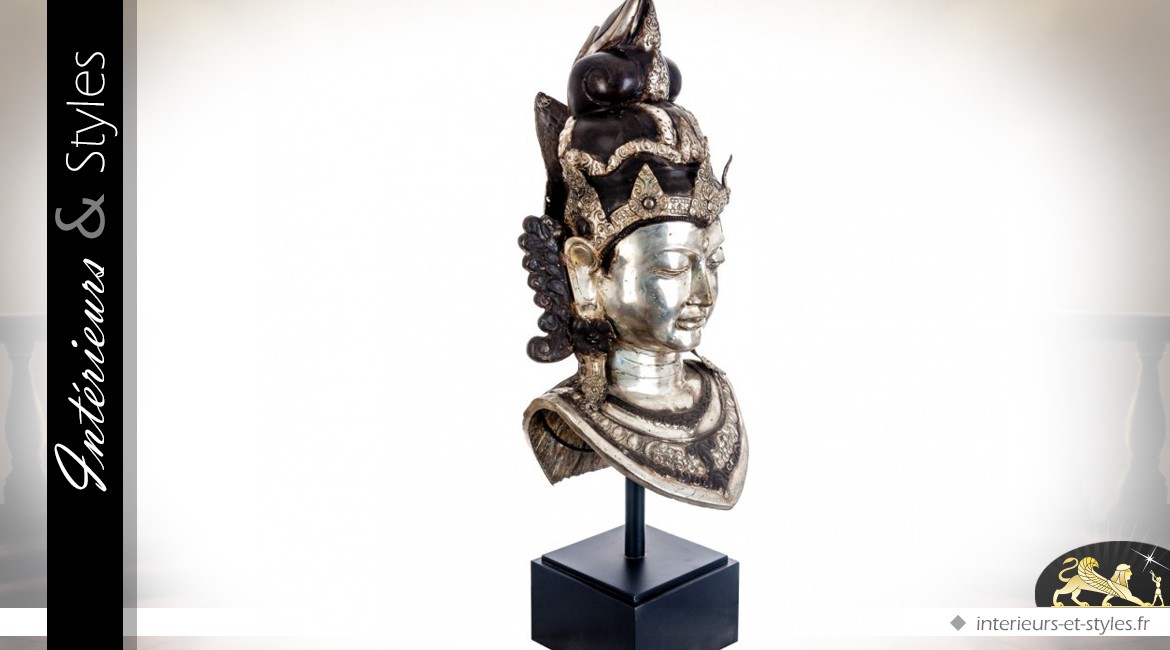 Statuette métal et laiton : tête de femme culture orientale 87 cm