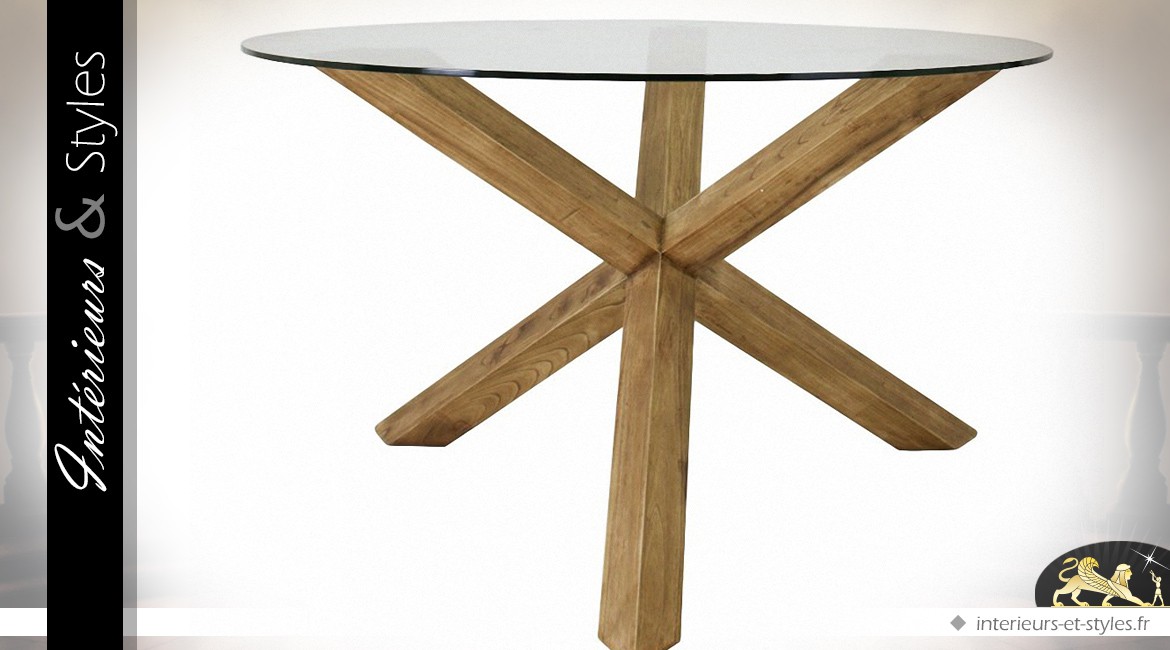 Table ronde bois massif mindi plateau verre trempé Ø 130 cm