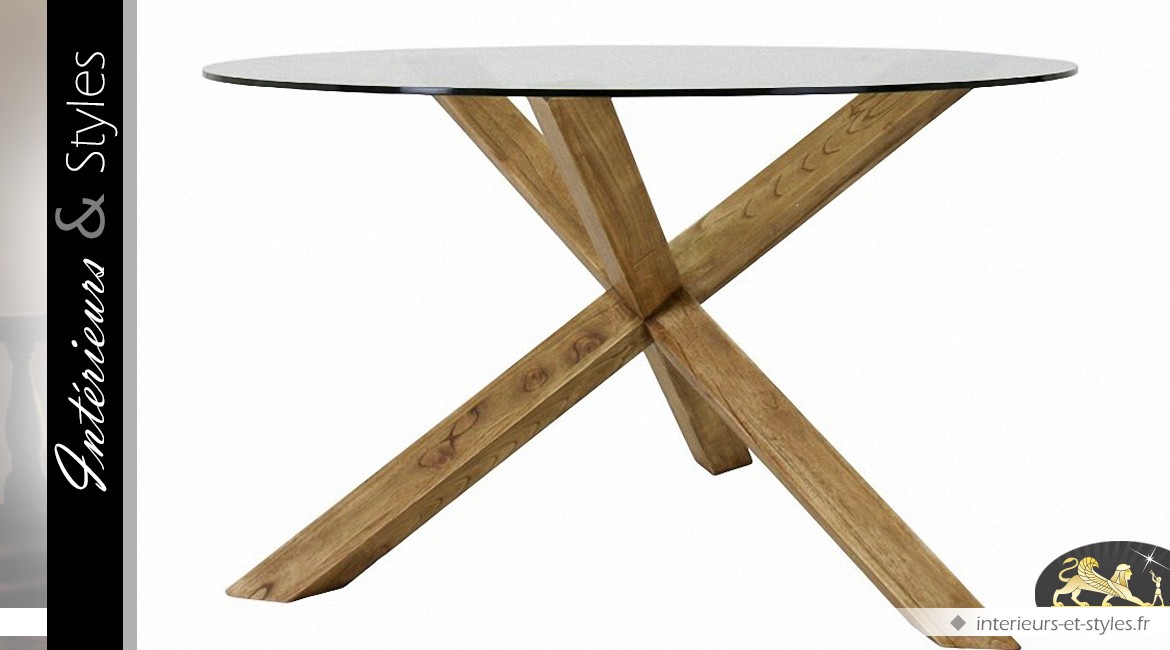 Table ronde bois massif mindi plateau verre trempé Ø 130 cm