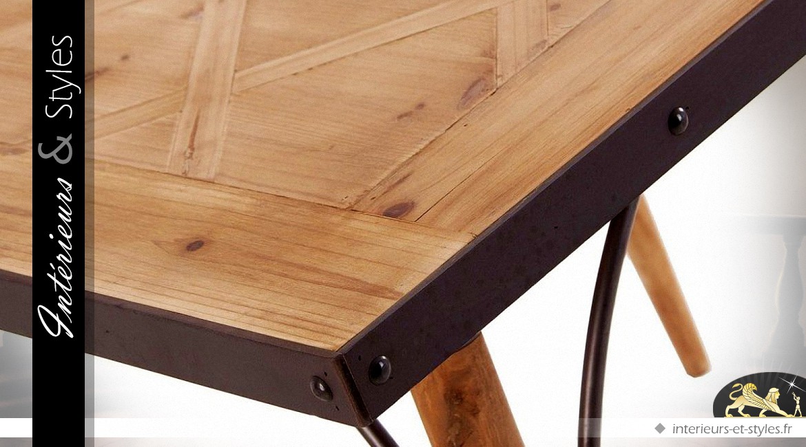 Table carrée vintage en bois et métal plateau marqueterie