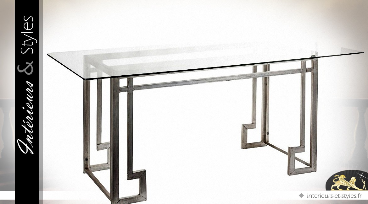 Table de salle à manger design en métal gris argenté et verre trempé