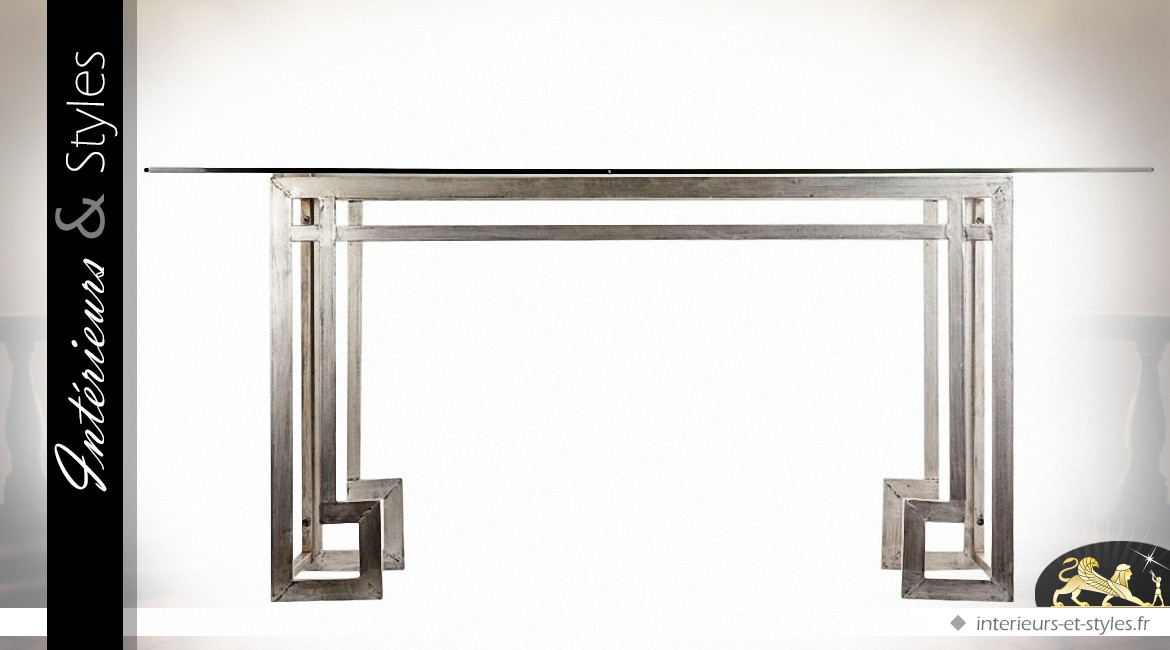 Table de salle à manger design en métal gris argenté et verre trempé