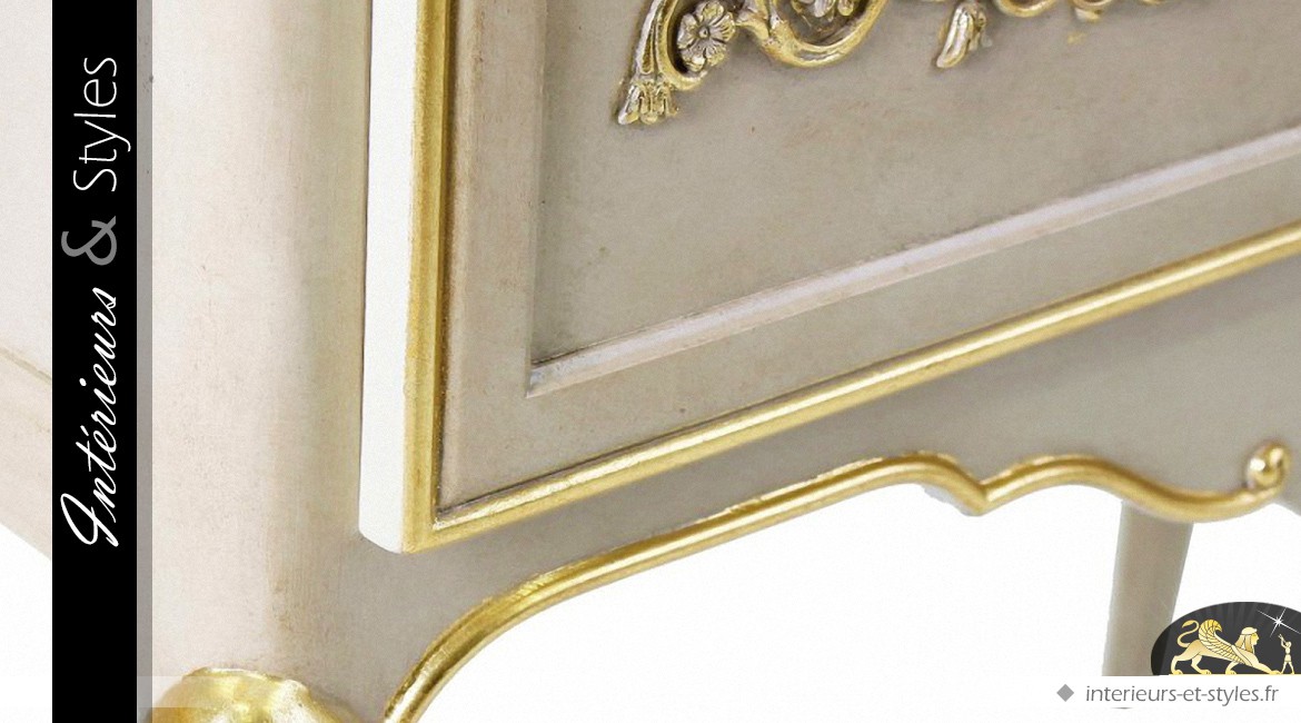 Console baroque patine ivoire avec grand tiroir et dorures