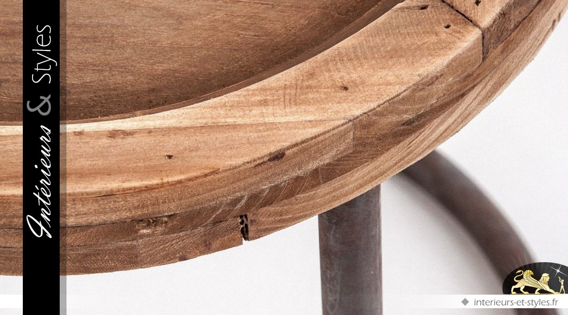 Série de trois tables basses gigognes rondes bois et métal