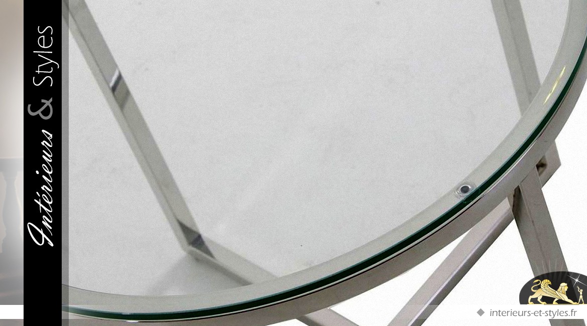 Table basse ronde design en métal argenté et verre trempé Ø 55 cm