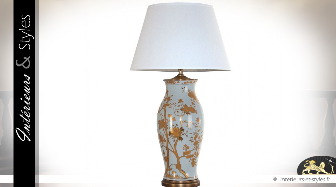 Lampe de salon rétro en céramique blanche à décors dorés 94 cm
