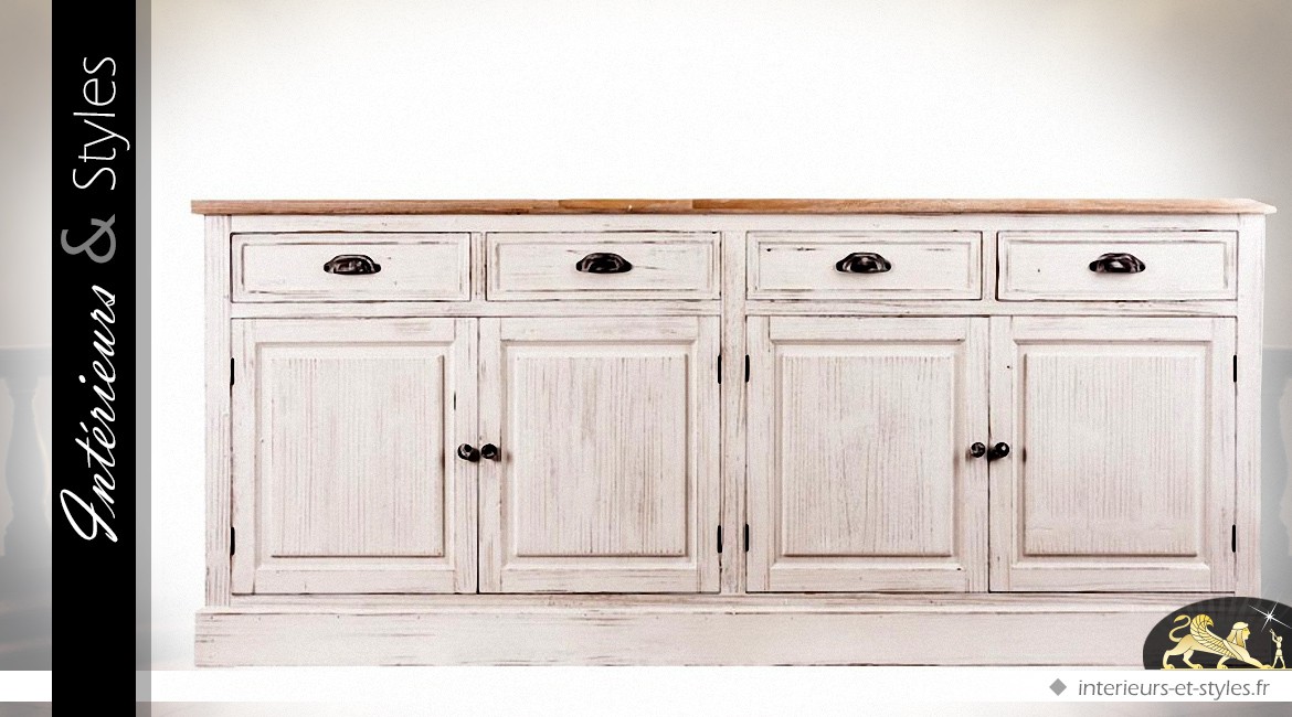 Enfilade 4 portes 4 tiroirs patine blanc antique et plateau bois naturel