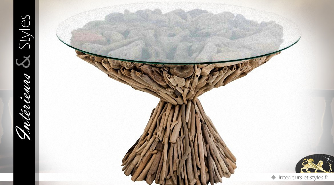 Table basse ronde bois flotté et plateau en verre trempé Ø 72 cm